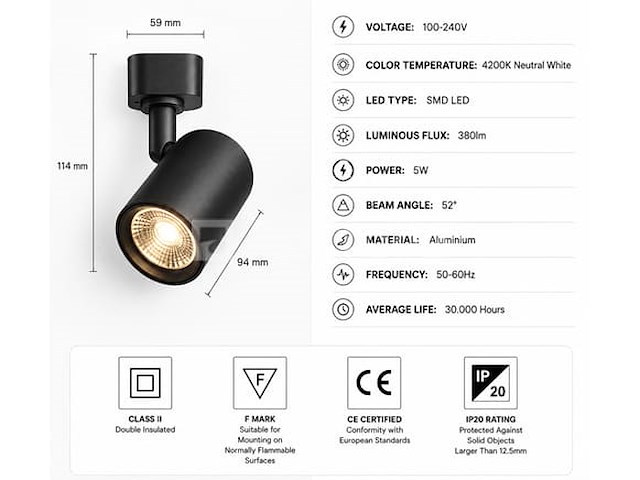 30 x led rail spot 5w – 4200k neutraal wit - zwart – ip20 – arizona-5 - afbeelding 2 van  5