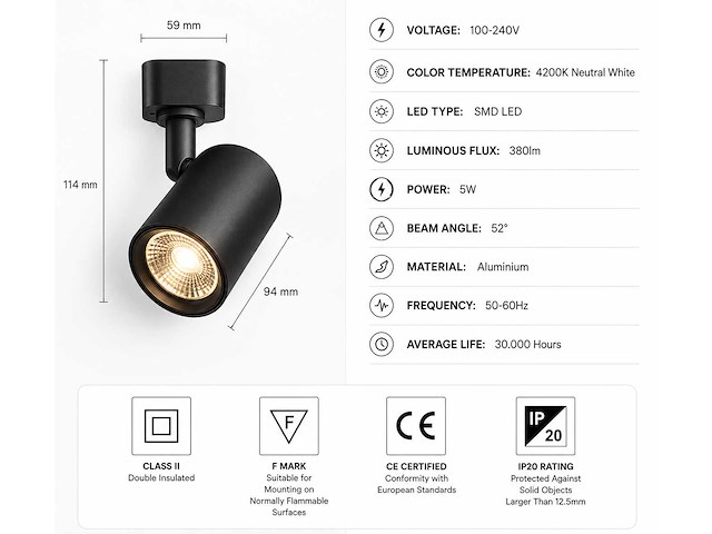 30 x led rail spot 5w – 4200k neutraal wit - zwart – ip20 – arizona-5 - afbeelding 4 van  5
