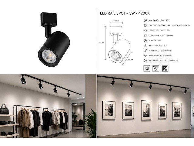 30 x led rail spot 5w – 4200k neutraal wit - zwart – ip20 – arizona-5 - afbeelding 5 van  5