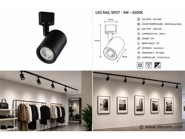 30 x led rail spot 5w – 4200k neutraal wit - zwart – ip20 – arizona-5 - afbeelding 5 van  5