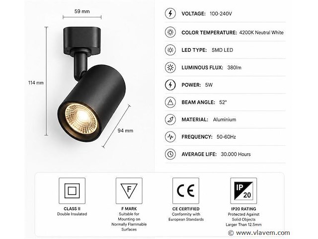30 x led rail spot 5w – 4200k neutraal wit - zwart – ip20 – arizona-5 - afbeelding 4 van  5