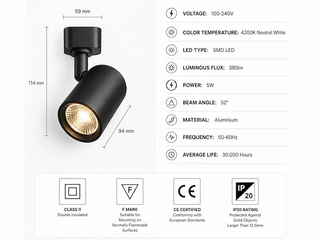 30 x led rail spot 5w – 4200k neutraal wit - zwart – ip20 – arizona-5 - afbeelding 4 van  5