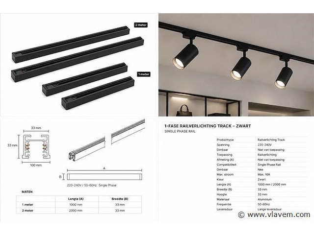 30 x railverlichting track – 1 fase – 1 meter – zwart - lighting track - afbeelding 4 van  5