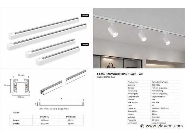 30 x railverlichting track – 1 fase – 2 meter – wit - lighting track - afbeelding 4 van  5