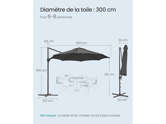300 cm upf 50+ 360° draaibare tuinparaplu met grijze kruisvoet - afbeelding 5 van  6