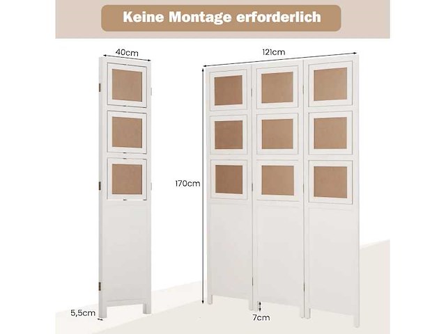 360° draaiend scherm en 9 lijsten - van wit paulowniahout - afmetingen: 170 x 121 cm. - afbeelding 4 van  6