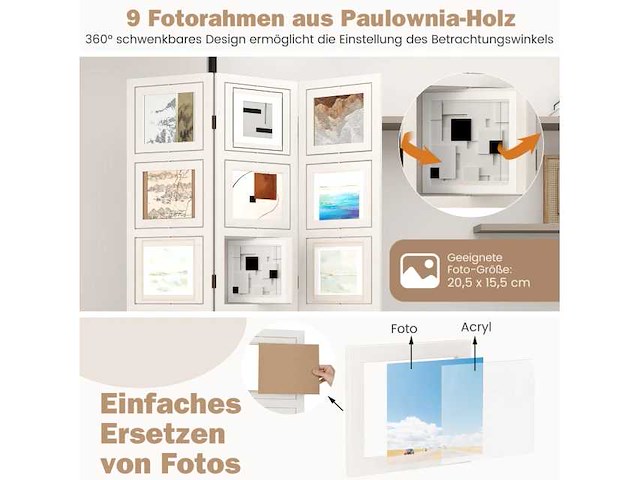 360° draaiend scherm en 9 lijsten - van wit paulowniahout - afmetingen: 170 x 121 cm. - afbeelding 5 van  6