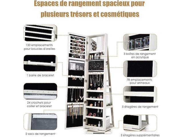 360 graden draaibare sieradenkast, sieradenorganizer op poten - afbeelding 5 van  7