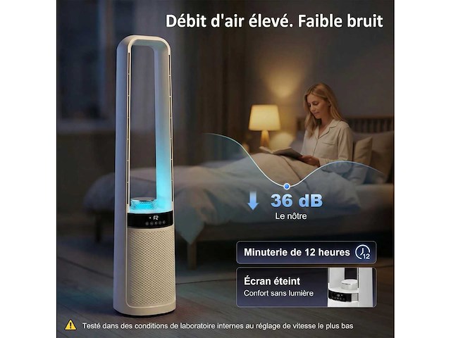 36db stille kolomventilator, torenslaapkamerventilator, 93,3 cm hoog, 45° oscillerend, 3 versnellingen, wit - afbeelding 5 van  7
