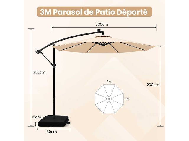 3x3m cantileverparasol, 40 led solar outdoor tuinparasol met 2 zandzakken - afbeelding 5 van  11