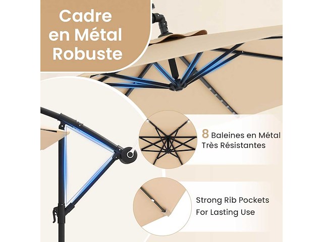 3x3m cantileverparasol, 40 led solar outdoor tuinparasol met 2 zandzakken - afbeelding 11 van  11