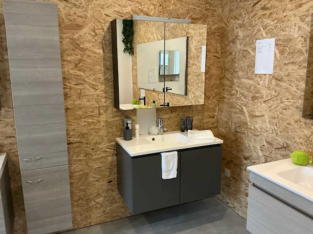 4 badkamermeubel antraciet grijs 90 cm set met spiegel, toonzaalmodel badkamerkast - afbeelding 1 van  3