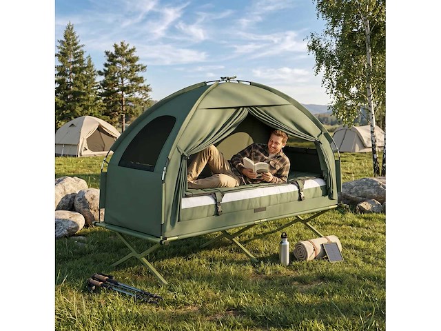 4-in-1 verhoogde tent met opvouwbaar kampeerbed + slaapzak + luchtmatras + pomp - afbeelding 1 van  4