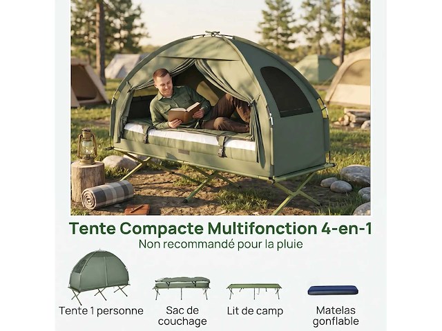 4-in-1 verhoogde tent met opvouwbaar kampeerbed + slaapzak + luchtmatras + pomp - afbeelding 4 van  4