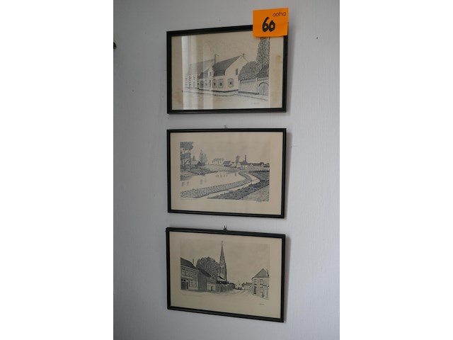 4 ingelijste etsen + antieken napoleon iii stijl spiegel - afbeelding 1 van  5