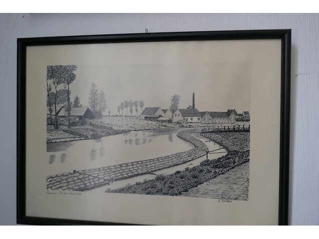 4 ingelijste etsen + antieken napoleon iii stijl spiegel - afbeelding 3 van  5