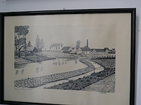 4 ingelijste etsen + antieken napoleon iii stijl spiegel - afbeelding 3 van  5