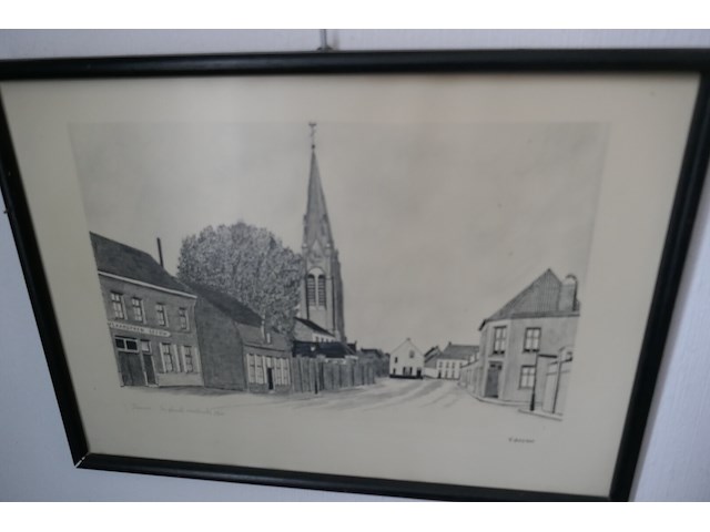 4 ingelijste etsen + antieken napoleon iii stijl spiegel - afbeelding 4 van  5