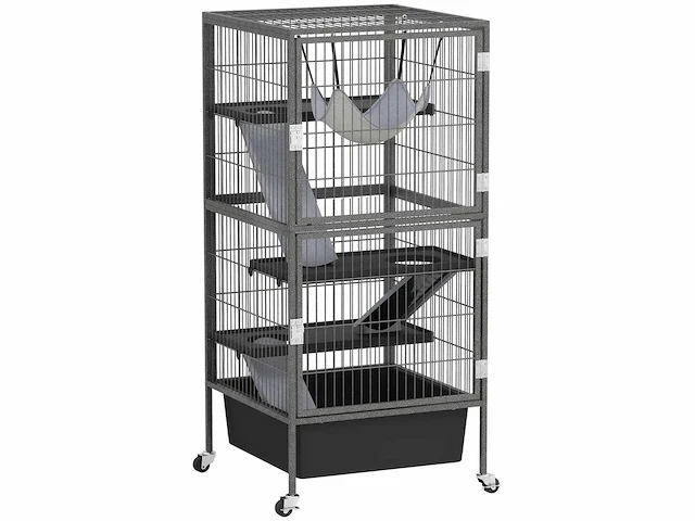 4-lagige kleine dierenkooi met hellingen, platforms, hangmat en wielen - afbeelding 5 van  6