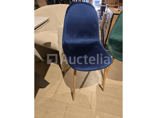 4 nieuwe blauwe stoelen met metalen poten in houten print - afbeelding 1 van  1
