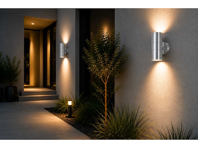 4 x buiten wandlamp up & down – 2xgu10 – mat chroom – ip44 – manolya-2 - afbeelding 1 van  14