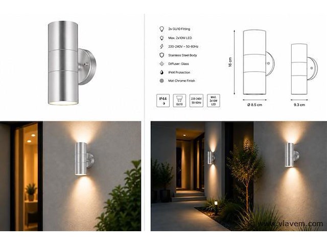 4 x buiten wandlamp up & down – 2xgu10 – mat chroom – ip44 – manolya-2 - afbeelding 5 van  5