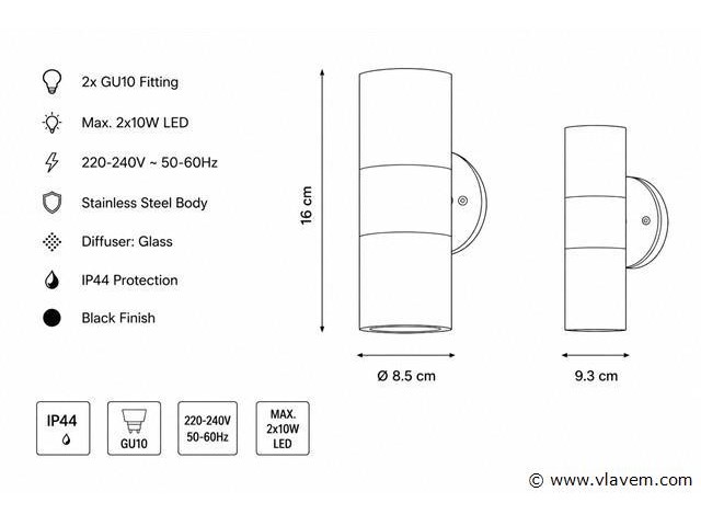 4 x buiten wandlamp up & down – 2xgu10 – zwart – ip44 – manolya-2 - afbeelding 4 van  5