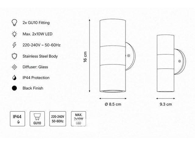4 x buiten wandlamp up & down – 2xgu10 – zwart – ip44 – manolya-2 - afbeelding 5 van  6
