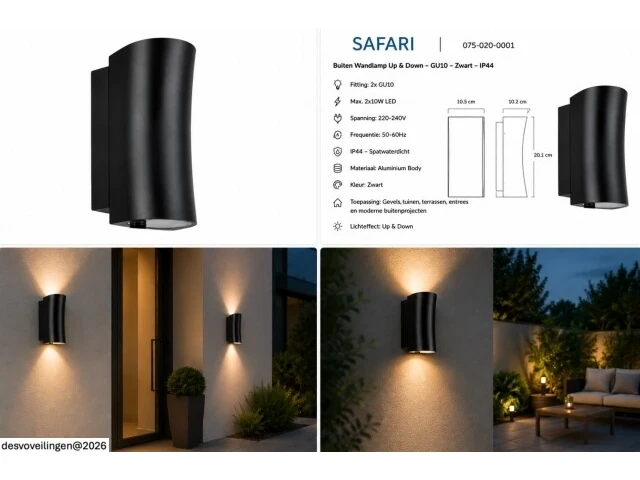 4 x buiten wandlamp up & down – gu10 – zwart – ip44 – safari - afbeelding 6 van  6