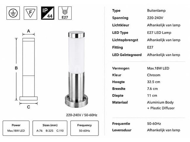 4 x buitenlamp tuinpaal – e27 – chroom – ip44 – 325mm – defne-3 - afbeelding 2 van  5