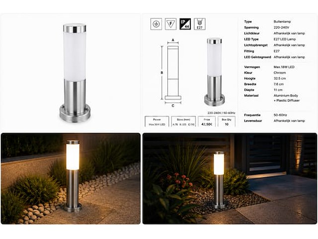 4 x buitenlamp tuinpaal – e27 – chroom – ip44 – 325mm – defne-3 - afbeelding 4 van  5