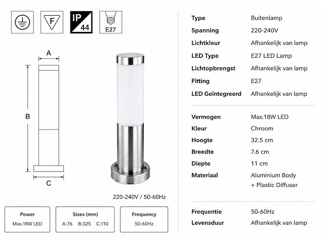 4 x buitenlamp tuinpaal – e27 – chroom – ip44 – 325mm – defne-3 - afbeelding 15 van  15