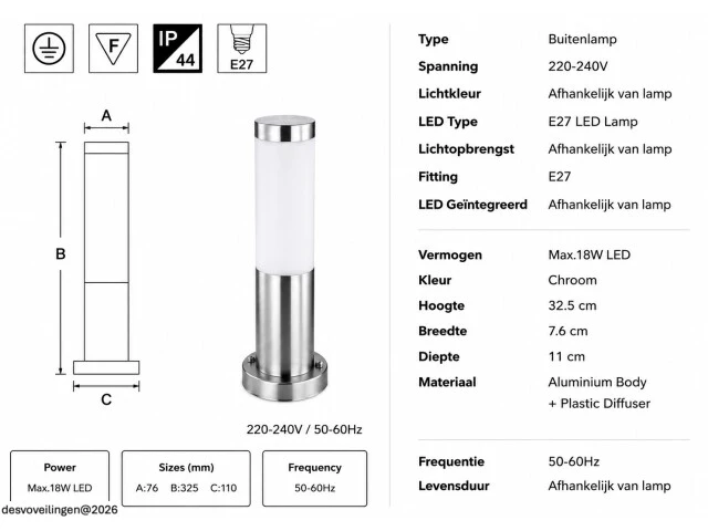 4 x buitenlamp tuinpaal – e27 – chroom – ip44 – 325mm – defne-3 - afbeelding 5 van  6