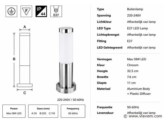 4 x buitenlamp tuinpaal – e27 – chroom – ip44 – 325mm – defne-3 - afbeelding 4 van  5