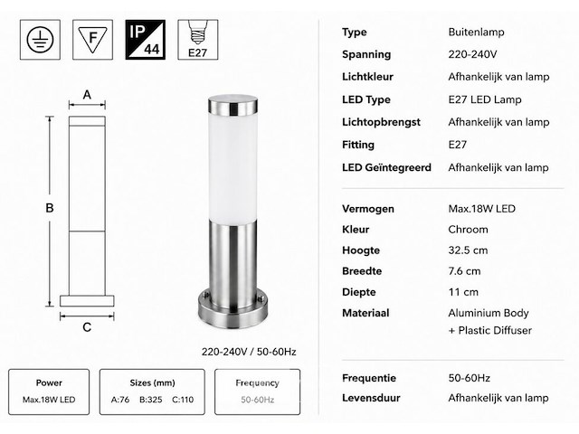 4 x buitenlamp tuinpaal – e27 – chroom – ip44 – 325mm – defne-3 - afbeelding 5 van  6