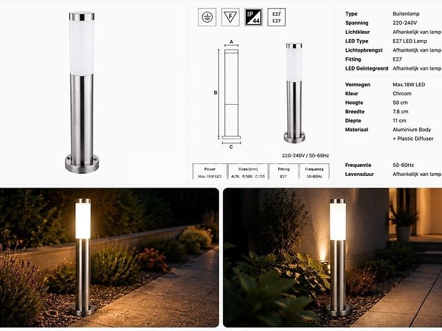4 x buitenlamp tuinpaal – e27 – chroom – ip44 – 500mm – defne-4 - afbeelding 2 van  5