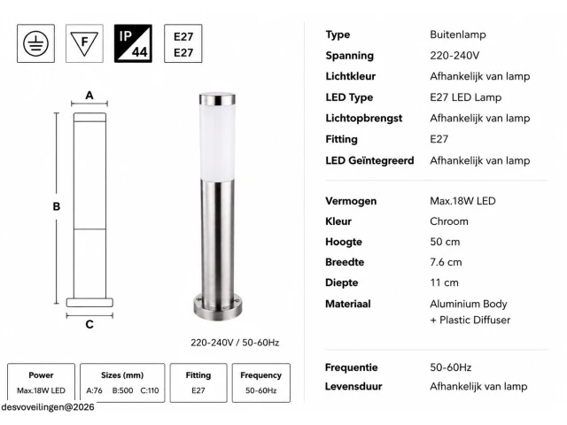 4 x buitenlamp tuinpaal – e27 – chroom – ip44 – 500mm – defne-4 - afbeelding 5 van  6
