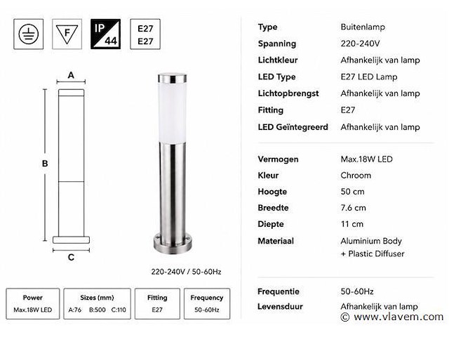 4 x buitenlamp tuinpaal – e27 – chroom – ip44 – 500mm – defne-4 - afbeelding 4 van  5