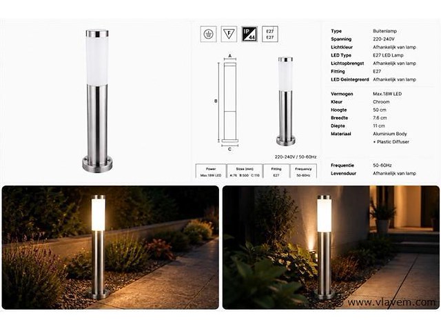 4 x buitenlamp tuinpaal – e27 – chroom – ip44 – 500mm – defne-4 - afbeelding 5 van  5