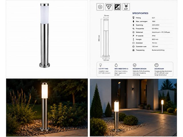 4 x buitenlamp tuinpaal – e27 – chroom – ip44 – 800mm – defne-5 - afbeelding 1 van  5