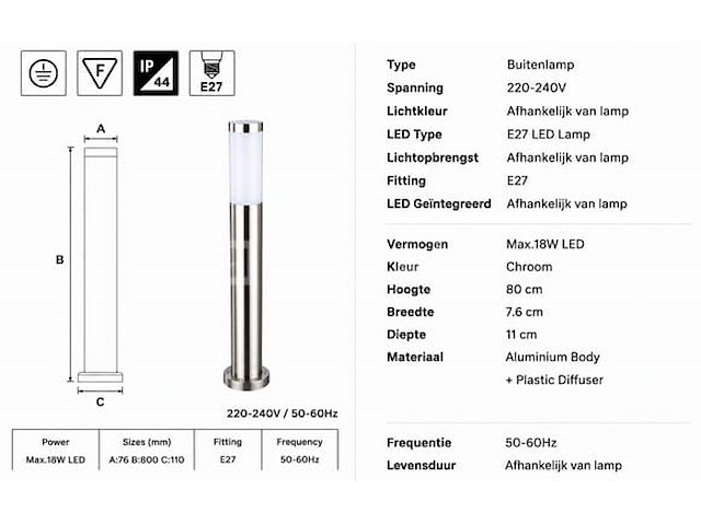 4 x buitenlamp tuinpaal – e27 – chroom – ip44 – 800mm – defne-5 - afbeelding 3 van  5