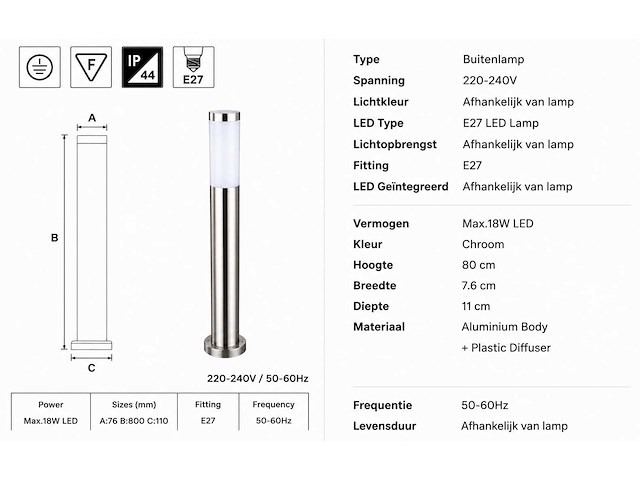 4 x buitenlamp tuinpaal – e27 – chroom – ip44 – 800mm – defne-5 - afbeelding 6 van  15