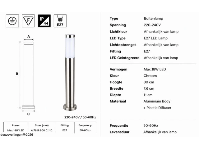 4 x buitenlamp tuinpaal – e27 – chroom – ip44 – 800mm – defne-5 - afbeelding 5 van  6