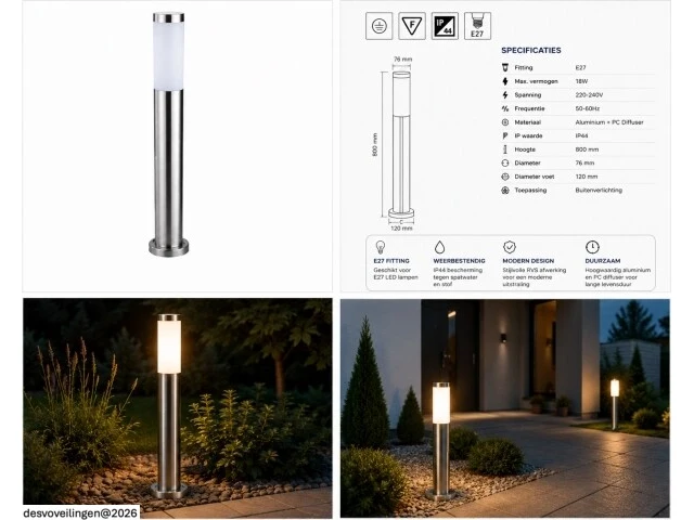 4 x buitenlamp tuinpaal – e27 – chroom – ip44 – 800mm – defne-5 - afbeelding 6 van  6