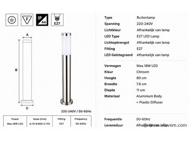 4 x buitenlamp tuinpaal – e27 – chroom – ip44 – 800mm – defne-5 - afbeelding 4 van  5