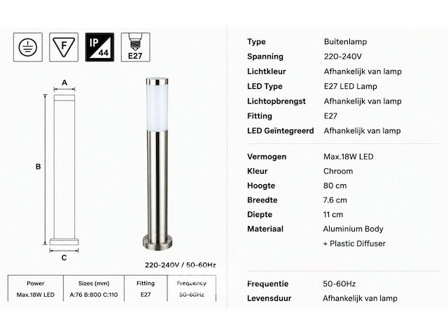4 x buitenlamp tuinpaal – e27 – chroom – ip44 – 800mm – defne-5 - afbeelding 5 van  6