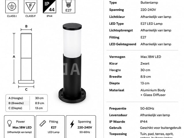 4 x buitenlamp tuinpaal – e27 – zwart – ip44 – 300mm – kavak-3 - afbeelding 4 van  5