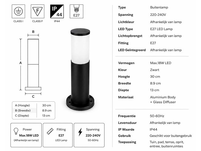 4 x buitenlamp tuinpaal – e27 – zwart – ip44 – 300mm – kavak-3 - afbeelding 8 van  8