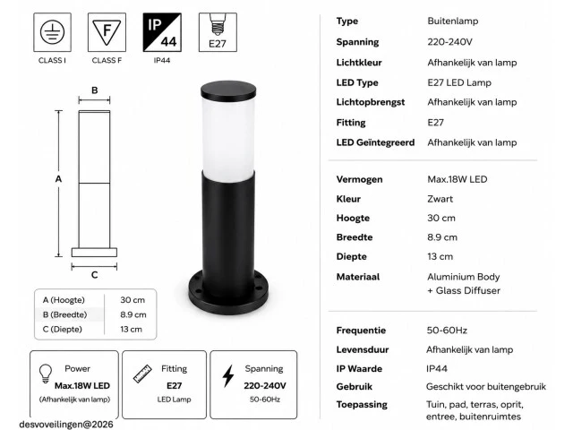 4 x buitenlamp tuinpaal – e27 – zwart – ip44 – 300mm – kavak-3 - afbeelding 5 van  6