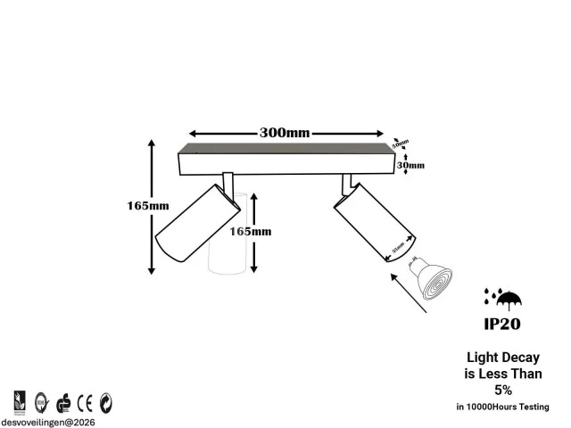 4 x gu10 opbouwspot armatuur – 2 draaibare spots – ip20 – zwart - afbeelding 5 van  5